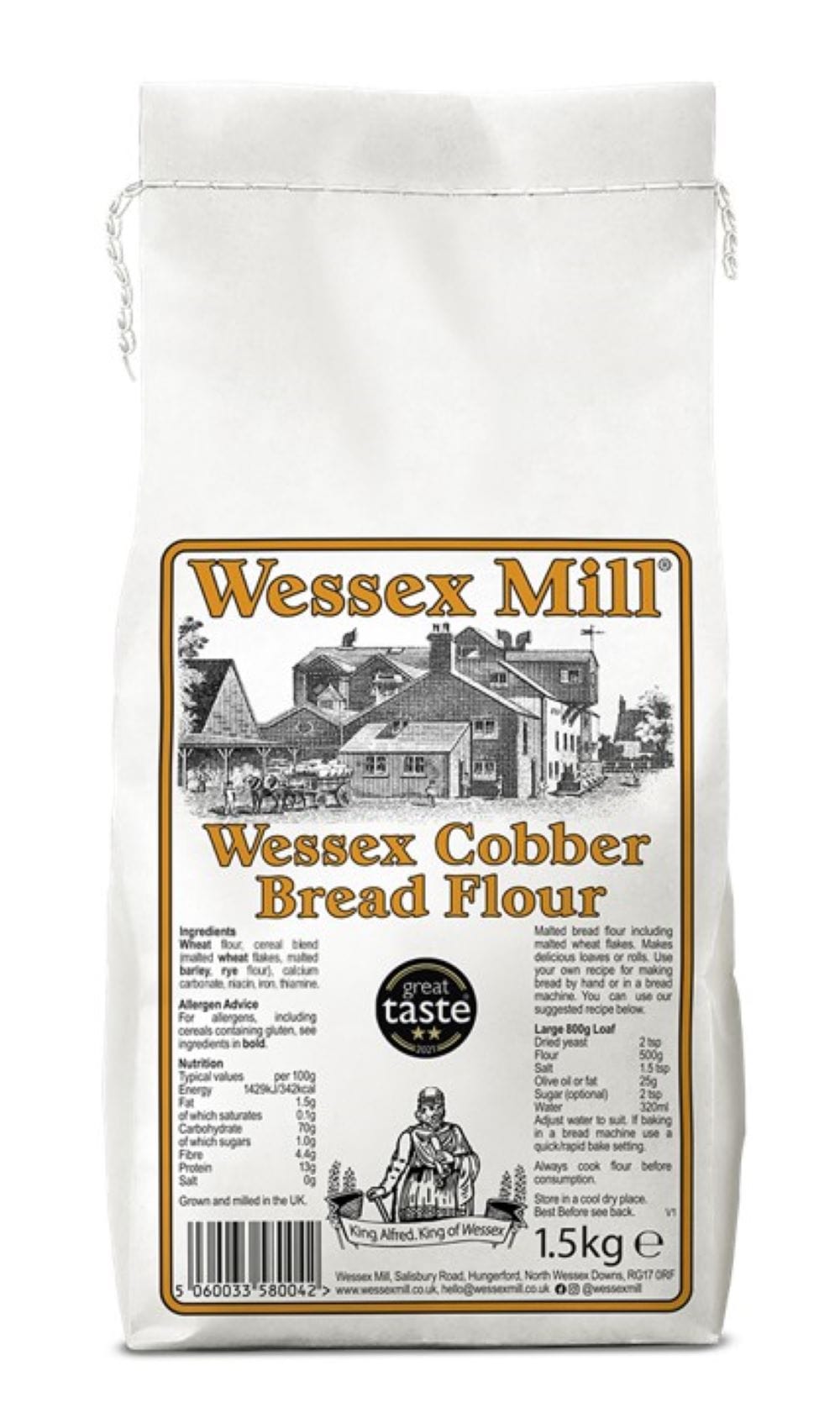 Wessex Mill Cobber Bread Flour, συμπεριλαμβανομένων νιφάδων σιταριού με βύνη 1,5 κιλά