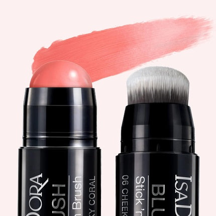 IsaDora Stick'n Brush Cream Blush Stick With Twist-Up Brush Shimmery Colorful Cream Blusher Stick Cruelty Free Creme Pink Blush Stick Make Up Blushers for Cheeks 06 Cheeky Coral