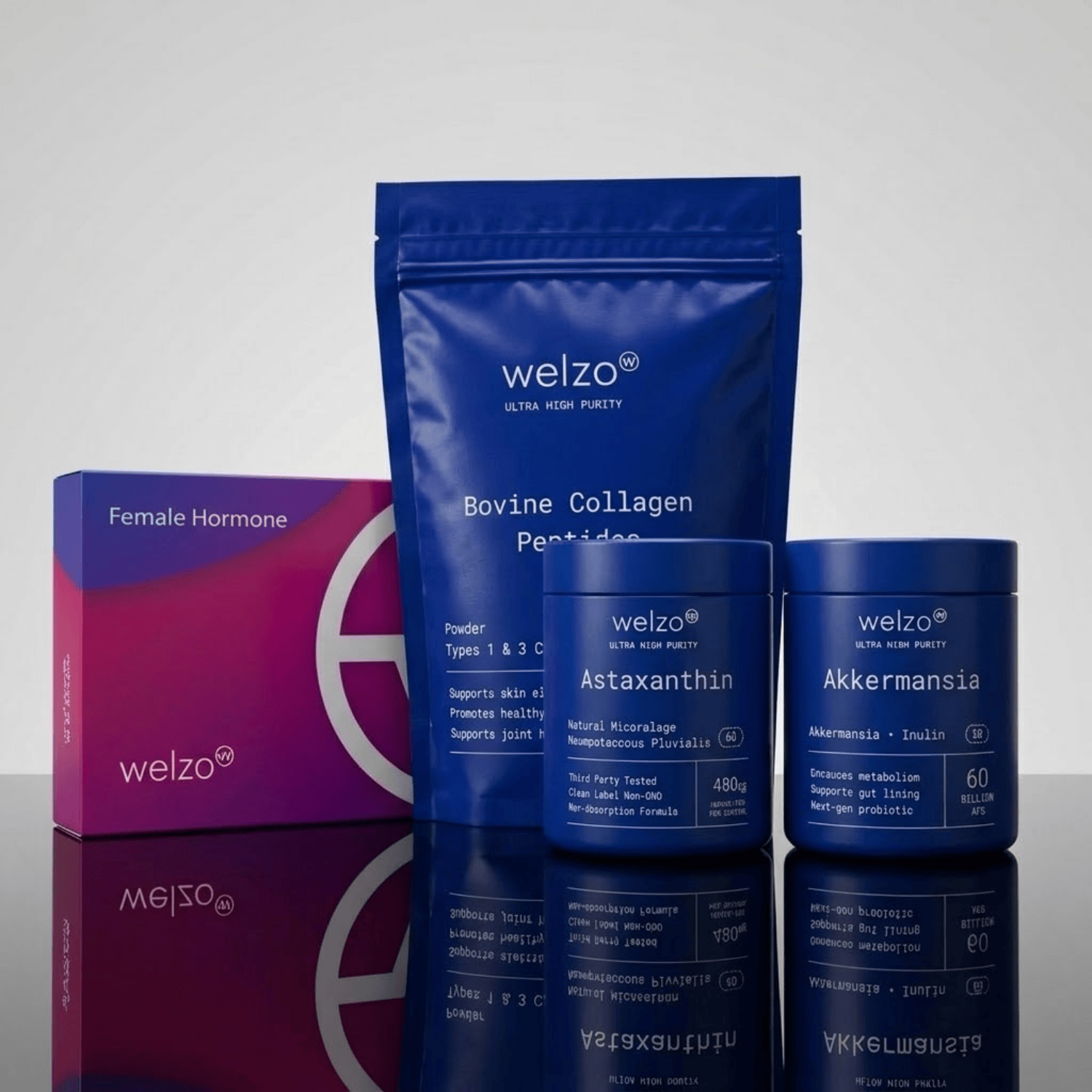 Welzo Women's Hormone Test & Supplement Bundle — Female Hormone Blood Test + Akkermansia + Astaxanthin + Collagen