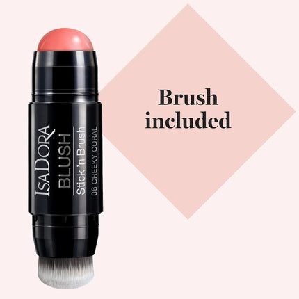 IsaDora Stick'n Brush Cream Blush Stick With Twist-Up Brush Shimmery Colorful Cream Blusher Stick Cruelty Free Creme Pink Blush Stick Make Up Blushers for Cheeks 06 Cheeky Coral