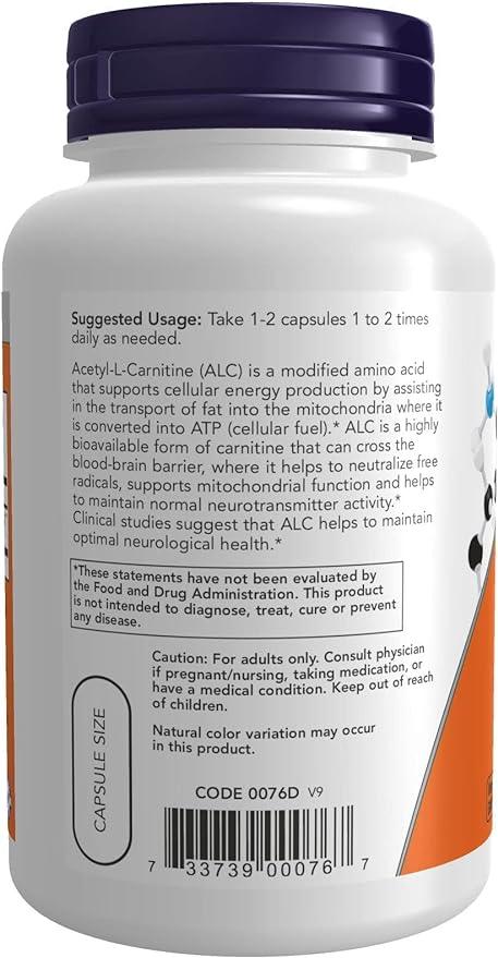 Acetyl-L-Carnitine 500mg, 100 Capsules - Now Foods - welzo