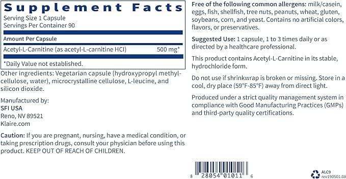 Acetyl-L-Carnitine 500mg, 90 Capsules - Klaire Labs - welzo