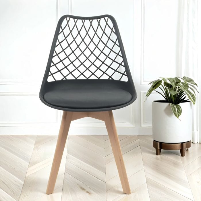 Black Dining Chairs Set of 4 – Alma Faux Leather Seats with Wooden Legs & Modern Hatch Back