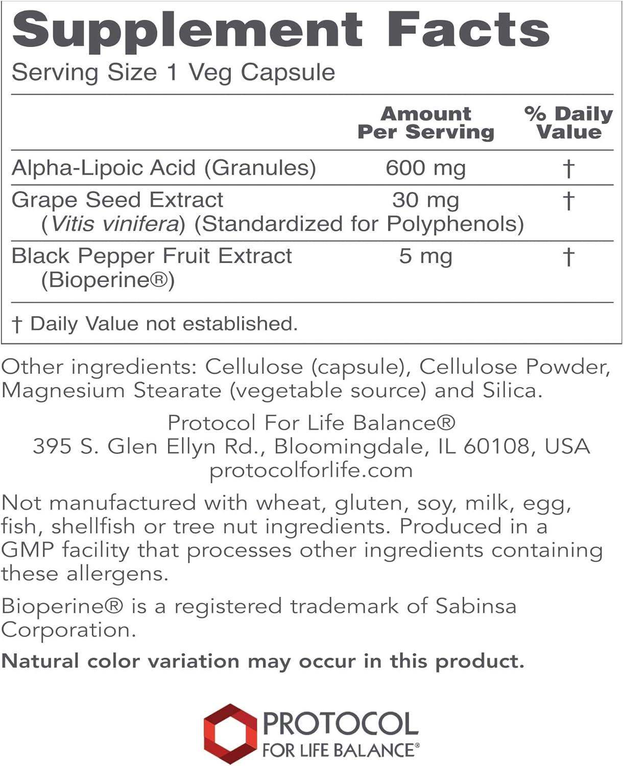 Alpha-Lipoic Acid 600mg 60 caps - Protocol For Life Balance - welzo