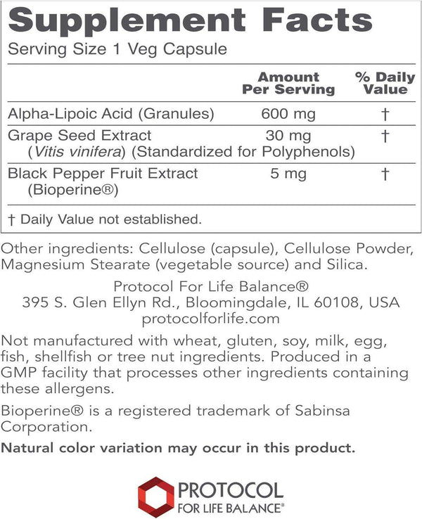 Alpha-Lipoic Acid 600mg 60 caps - Protocol For Life Balance - welzo