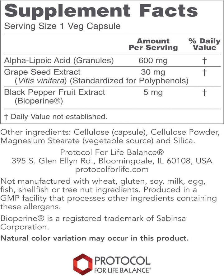 Alpha-Lipoic Acid 600mg 60 caps - Protocol For Life Balance - welzo