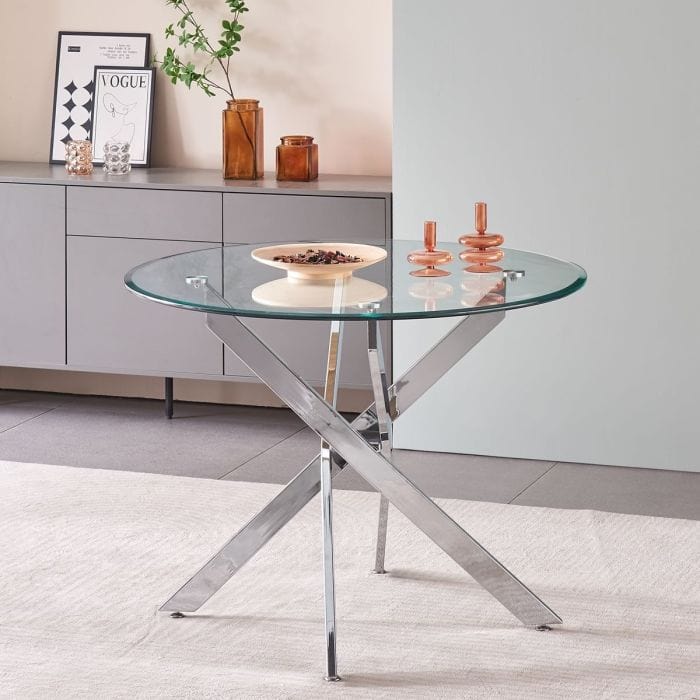 Tavolo da pranzo in vetro rotondo da 100 cm - gambe in acciaio incrociato nero - collezione Amara (copia)