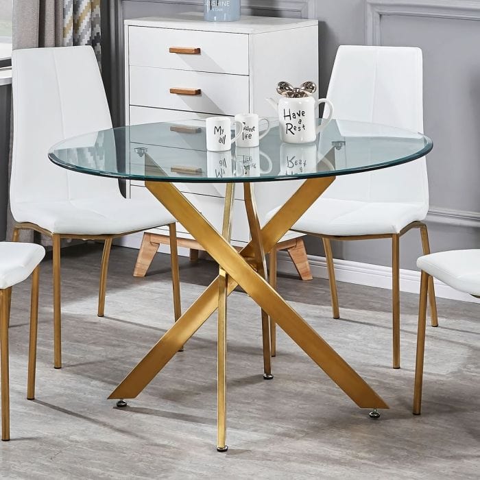 Tavolo da pranzo in vetro rotondo 120 cm - Amara con gambe cromate cromate dorate