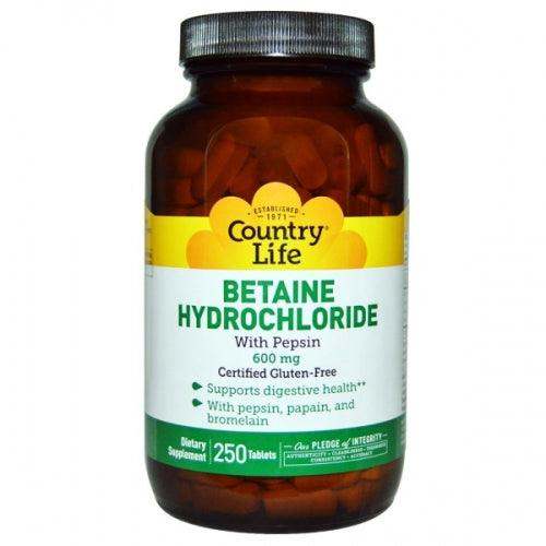 Betaine Hydrochloride with Pepsin, 600 mg, 250 Tablets - Country Life - welzo