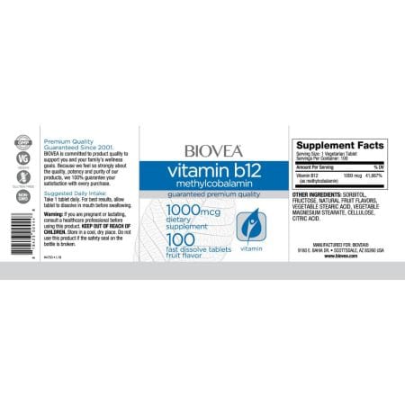 Biovea Vitamin B12 (Methylcobalamin) 1000mcg 100 Fast Dissolve Tablets