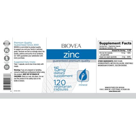 Biovea Zinc 15mg 120 capsules végétariennes