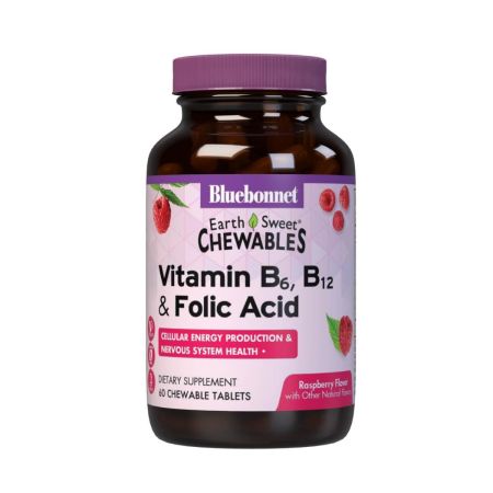 Bluebonnet Earthweet masticables vitamina B6, B12 y ácido fólico 60 tabletas de frambuesa