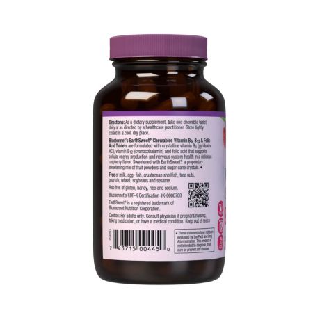 Bluebonnet Earthsweet à croquer vitamine B6, B12 et acide folique 60 comprimés de framboise