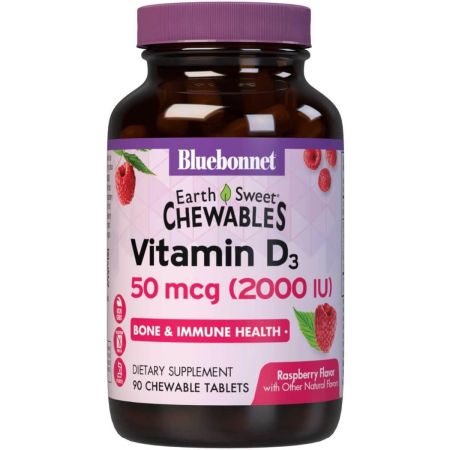 Bluebonnet Earthweet Chewables D3 -vitamin 2 000iu 90 málna tabletta