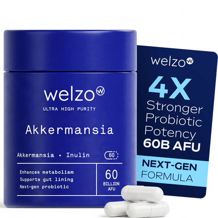 Welzo Ultra Purity Akkermansia ingredient breakdown showing 60 billion AFU and Lactobacillus acidophilus, UK