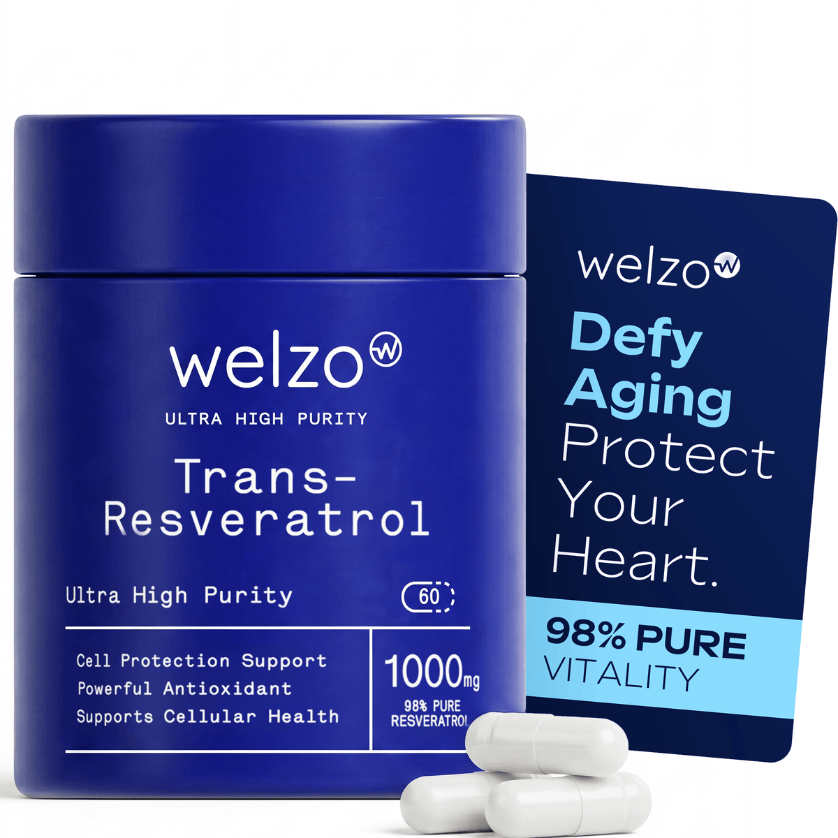 Welzo Ultra Purity Trans-Resveratrol supplement bottle, a polyphenol commonly marketed for longevity and healthy ageing