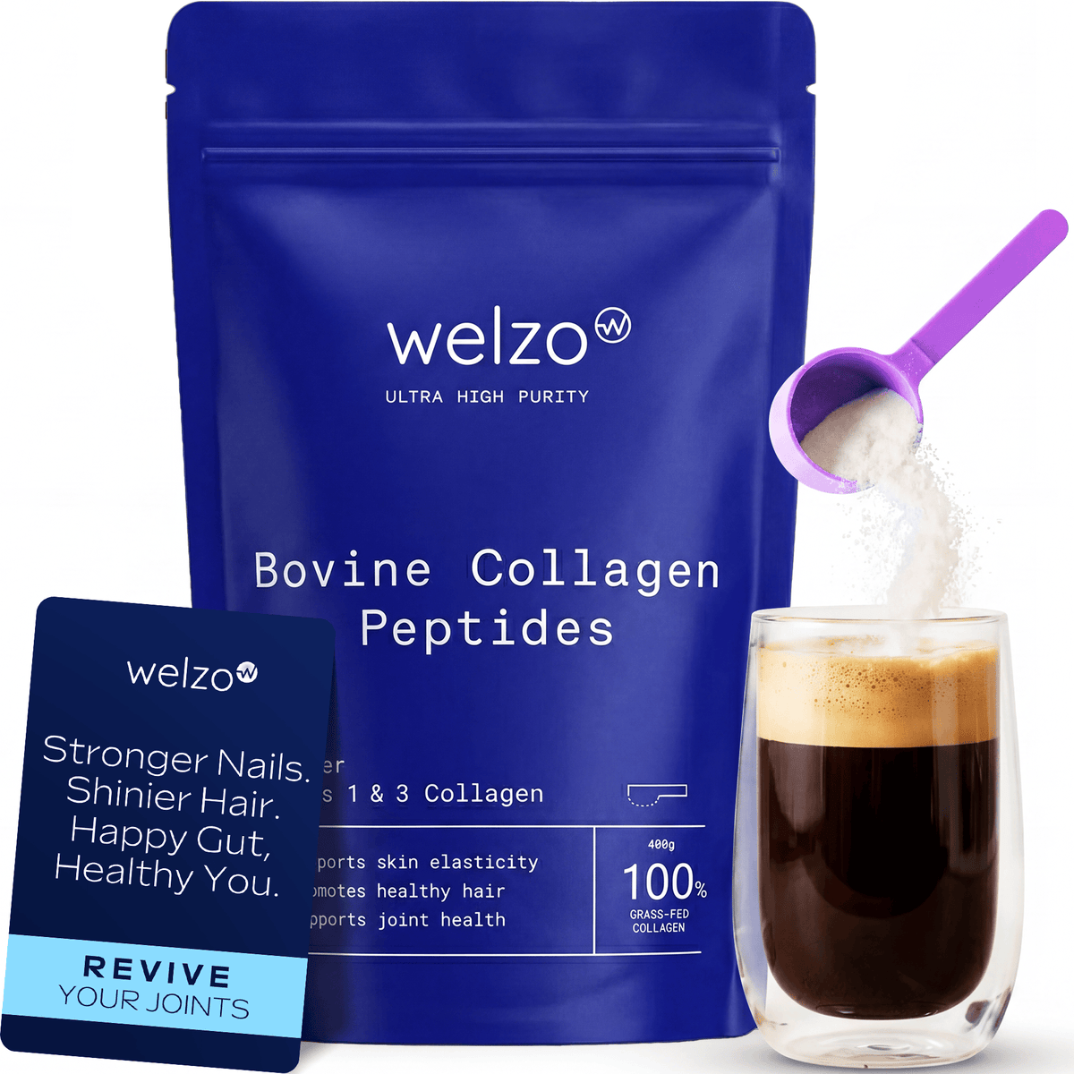 Welzo Ultra Purity Pure Bovine Collagen Peptides Powder tub, an example of a powder format requiring minimal excipients