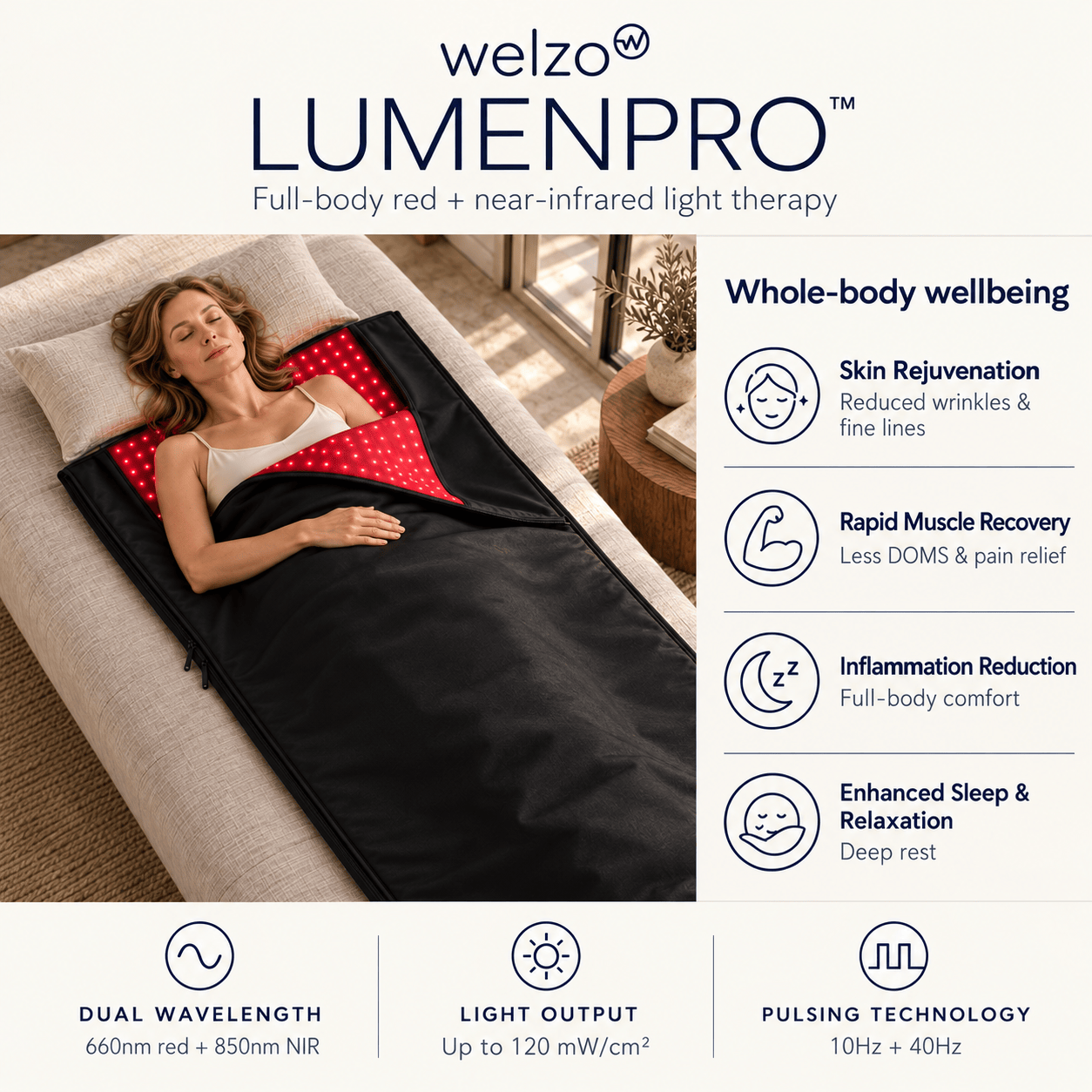 Welzo LUMENPRO™ Elite+ roodlichttherapiedeken voor het hele lichaam (LED-systeem met hoge dichtheid)