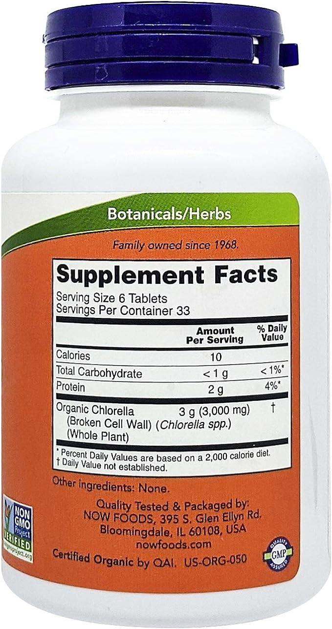 Certified Organic Chlorella 500mg, 200 Tablets - Now Foods - welzo