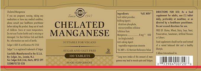 Chelated Manganese, 100 Tablets - Solgar - welzo