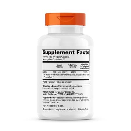 Doctor's Best Fully Active Folate 800, 800 mcg 60 Veggie Capsules