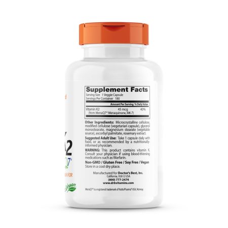 Zdravniški najboljši naravni vitamin K2 MK7 z Menaq7 45 mcg 180 Veggie Capsules