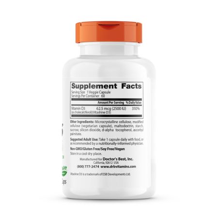 Doctor's Best Vegan D3 with Vitashine D3, 2,500 IU 60 Veggie Capsules