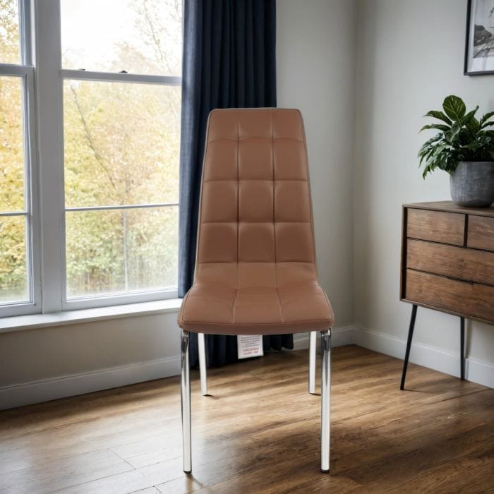 Cappuccino Faux Leather Dining Chairs Set of 4 – Eterno PU Chairs with Chrome Silver Legs