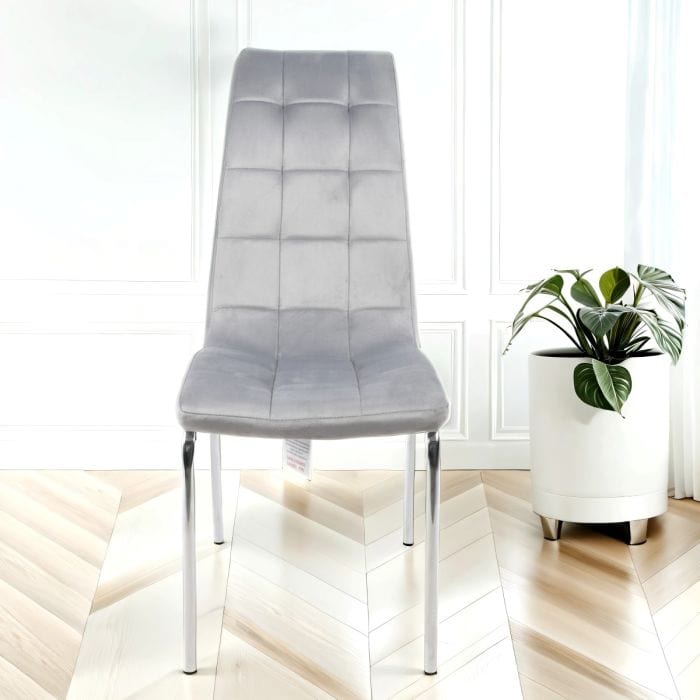 6x chaises de salle à manger gris et gris clair et gris doux avec des jambes en argent