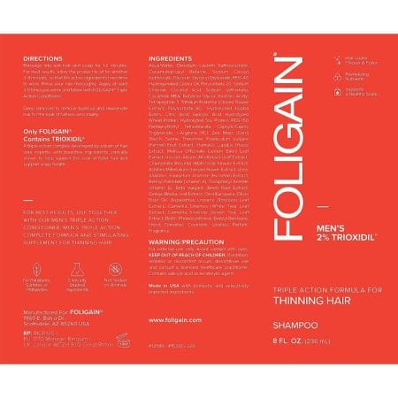 Foligain Triple Action Shampoo For Thinning Hair For Men with 2% Trioxidil (8 fl oz) 236ml