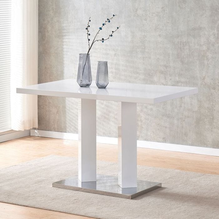 120cm White High Gloss Dining Table – Frias Modern Chrome Base & Chunky Legs
