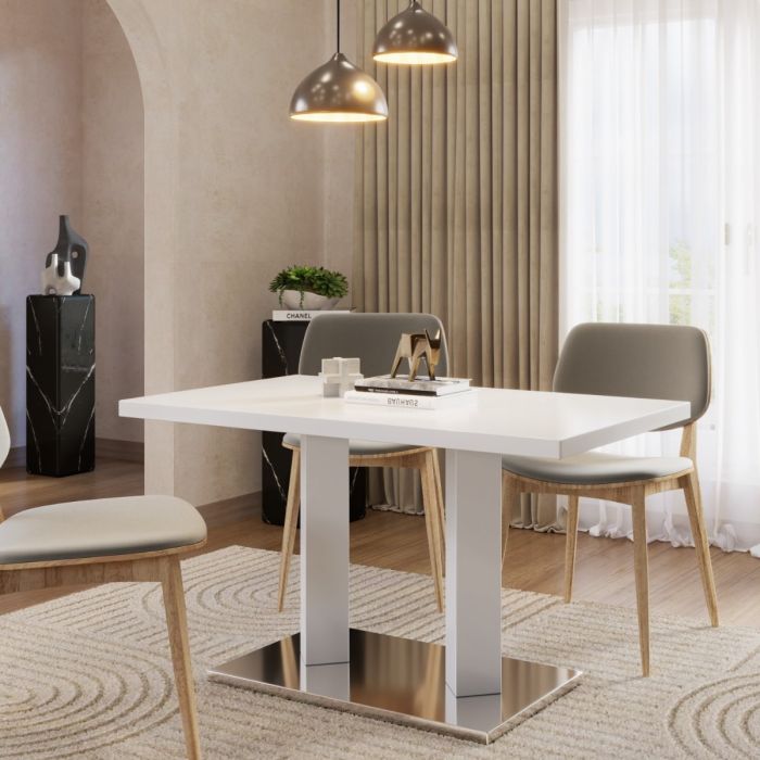 120cm White High Gloss Dining Table – Frias Modern Chrome Base & Chunky Legs
