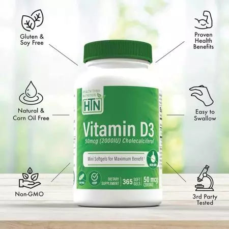 Santé à travers la nutrition Vitamine D3 2 000iu (50mcg) 365 Gentes souples