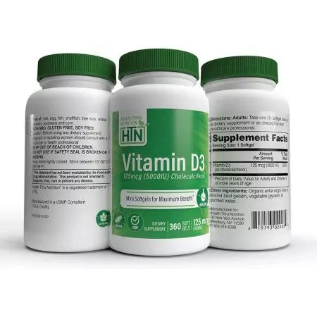 Здравословно хранене витамин D3 5,000IU (125 mcg) 360 Softgels