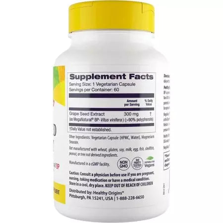 Extracto de semilla de uva de origen saludable (Mega NaturalBP) 300mg 60 Cápsulas vegetarianas