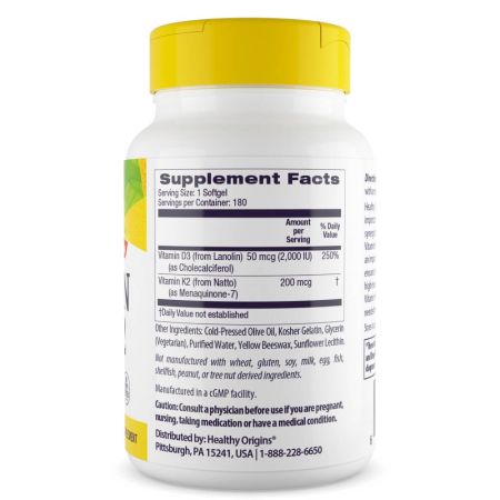 Veselīga izcelsme D3 un K2 vitamīns 50mcg/200mcg 180 SoftGels