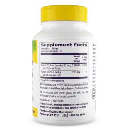 Origini sănătoase Vitamina D3 și K2 50MCG/200MCG 60 Softgels