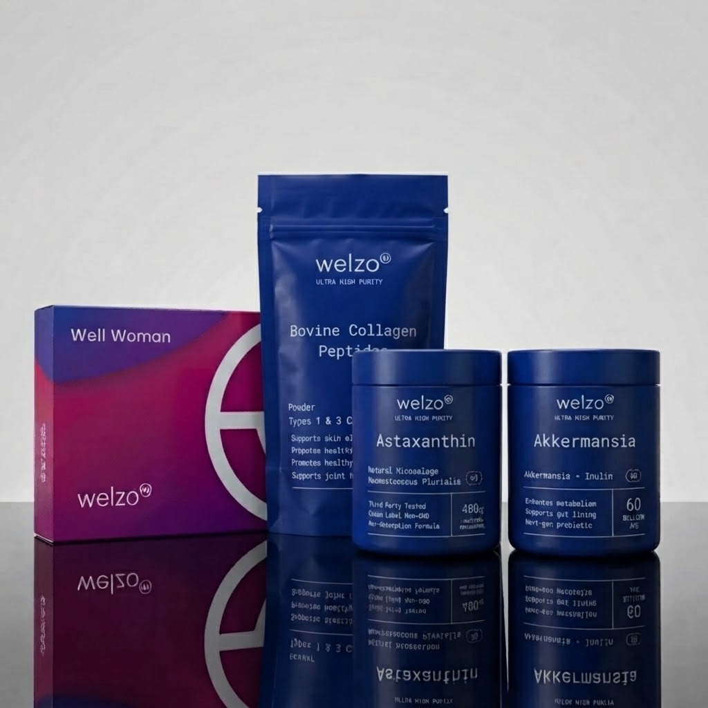 Welzo Haar-, Haut- und Nagelpaket – Kollagen + Astaxanthin + Akkermansia + Well Woman-Bluttest