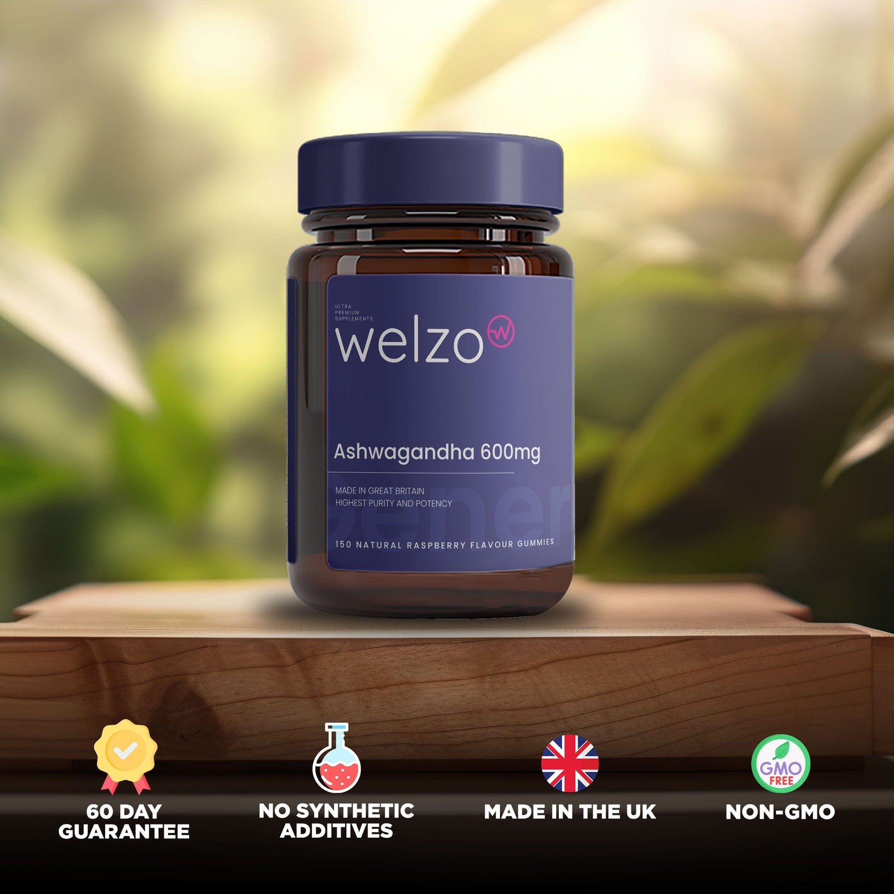 Welzo Ashwagandha 600mg - 150 Natural Raspberry Flavour Gummies