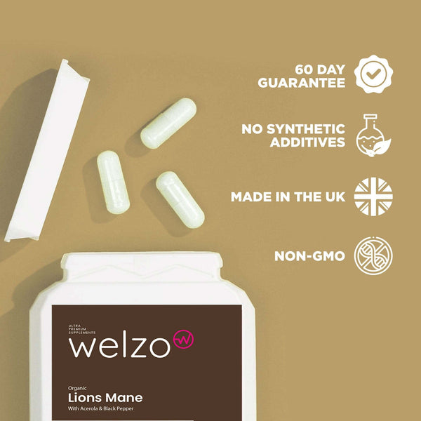 Welzo Organic Lions Mane Extract with Acerola & Black Pepper 120 Capsules