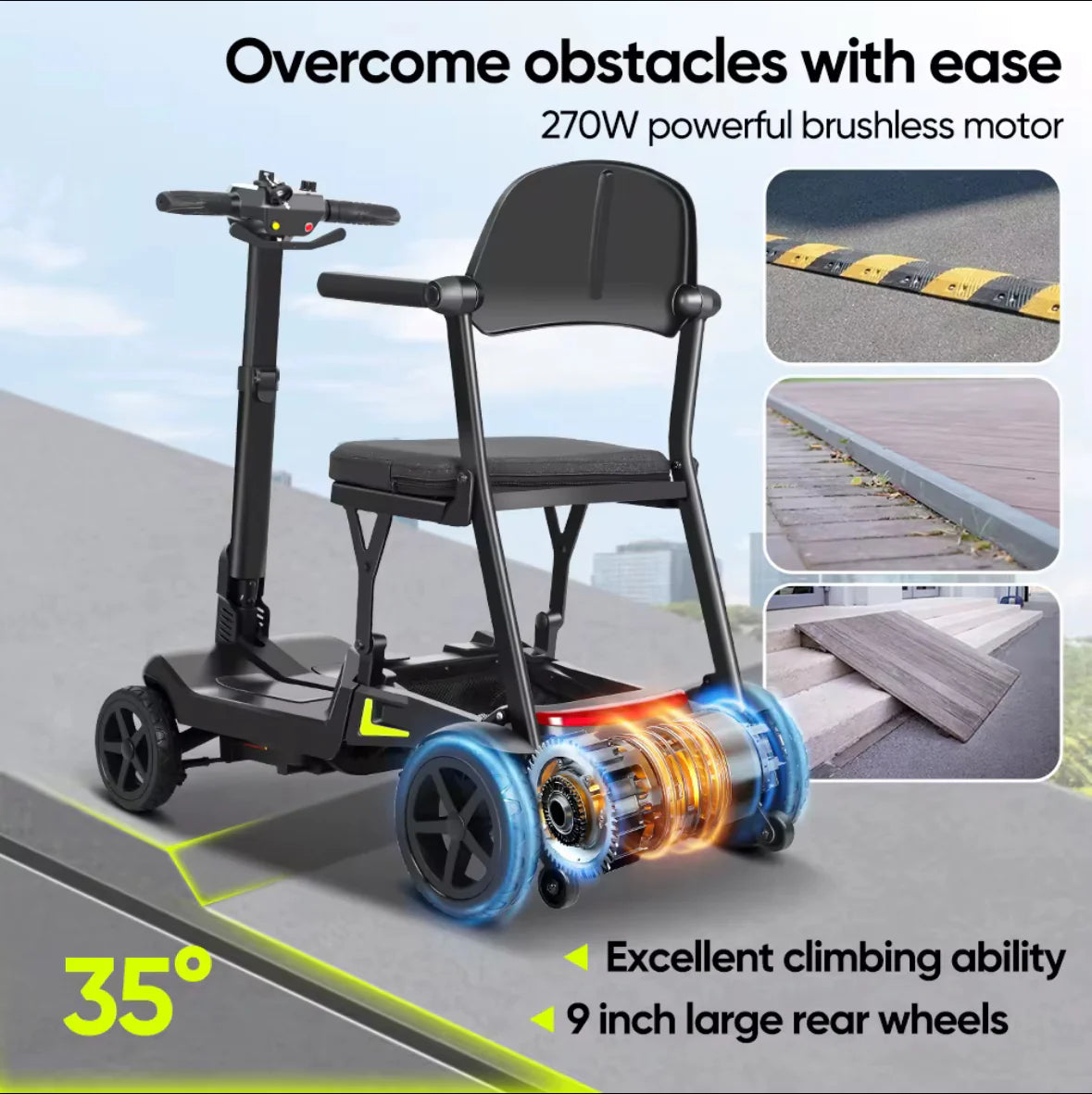 Welzo Freefold Lightweight Floyable Mobility Scooter - 4 kola, přenosný elektrický skútr pro dospělé lithiové baterii, rozsah 20 km