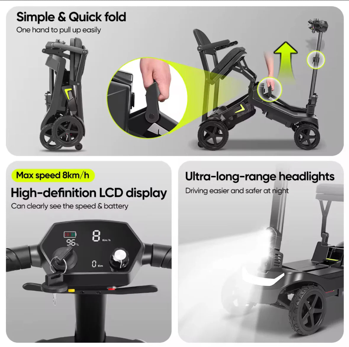 Welzo Freefold Lightweight Floyable Mobility Scooter - 4 kola, přenosný elektrický skútr pro dospělé lithiové baterii, rozsah 20 km