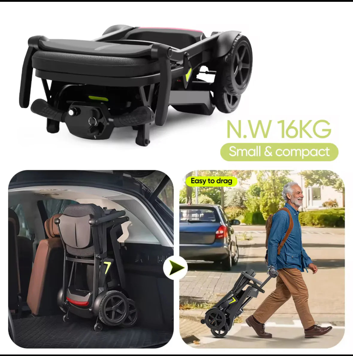 Welzo FreeFold X Dunkelgrauer, leichter, faltbarer 16-kg-Mobilitätsroller