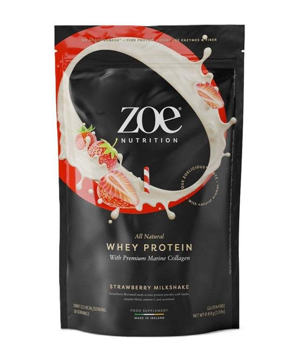 ZOE Nutrition Whey Protein with Premium Marine Collagen, Strawberry Milkshake - 454 grams