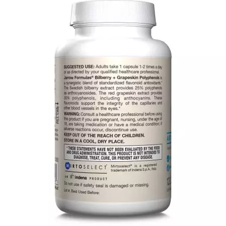 Fórmulas Jarrow Bilberry + Polifenoles de piel de uva 280mg 120 Cápsulas vegetarianas