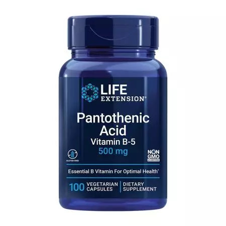 Extensão da vida de ácido pantotênico 500 mg 100 cápsulas vegetarianas