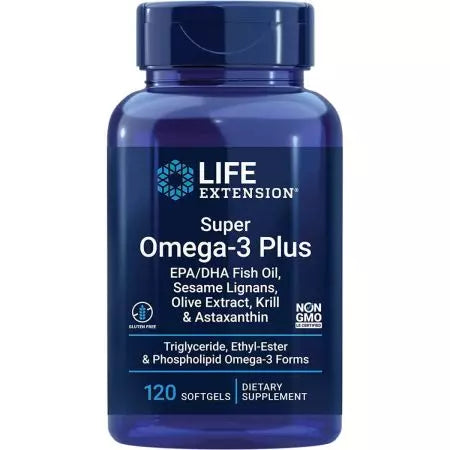 Extension de vie Super Omega3 Plus EPA / DHA Huile de poisson Sesame Lignans Olive Extract Krill & Astaxanthin 120 SoftGels