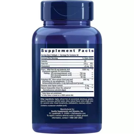 Extensión de la vida Super Omega3 Plus EPA/DHA Aceite de pescado Sesame Lignans Olive Extract Krill & Astaxanthin 120 Softgels