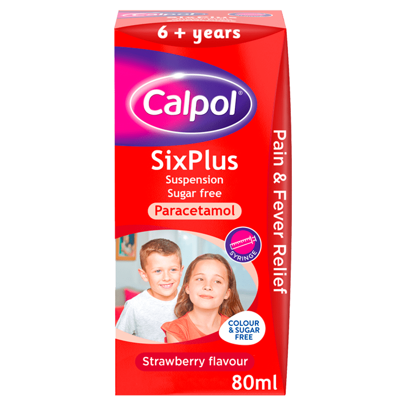 Calpol SixPlus Sugar Free Suspension, Paracetamol Medication, 6+ Years, Strawberry Flavour, 80ml - welzo