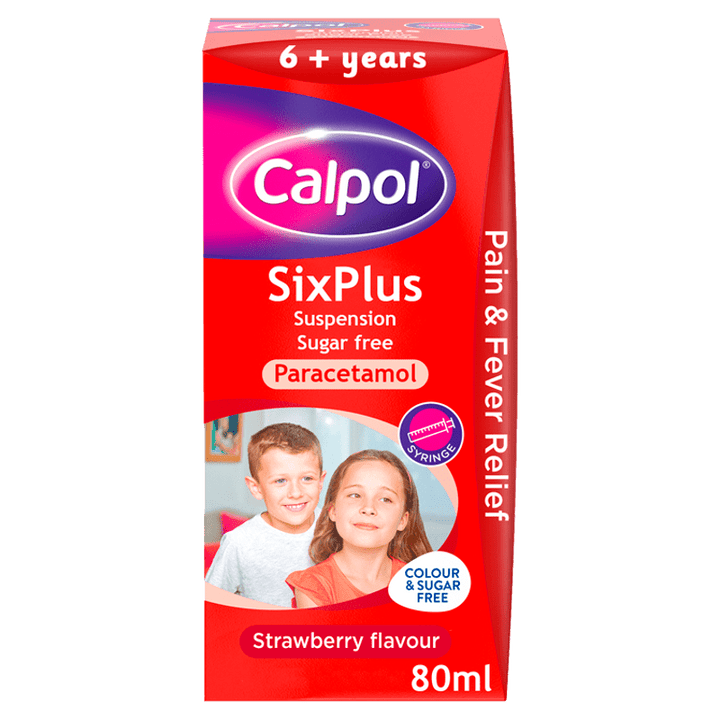 Calpol SixPlus Sugar Free Suspension, Paracetamol Medication, 6+ Years, Strawberry Flavour, 80ml - welzo